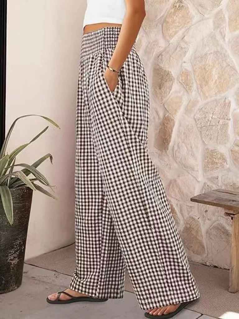 Bianca Wide-Leg Check Pants